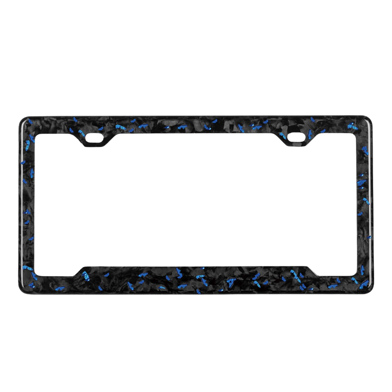 Pristine Carbon forged carbon license plate frame — blue fragment close-up, glossy finish
