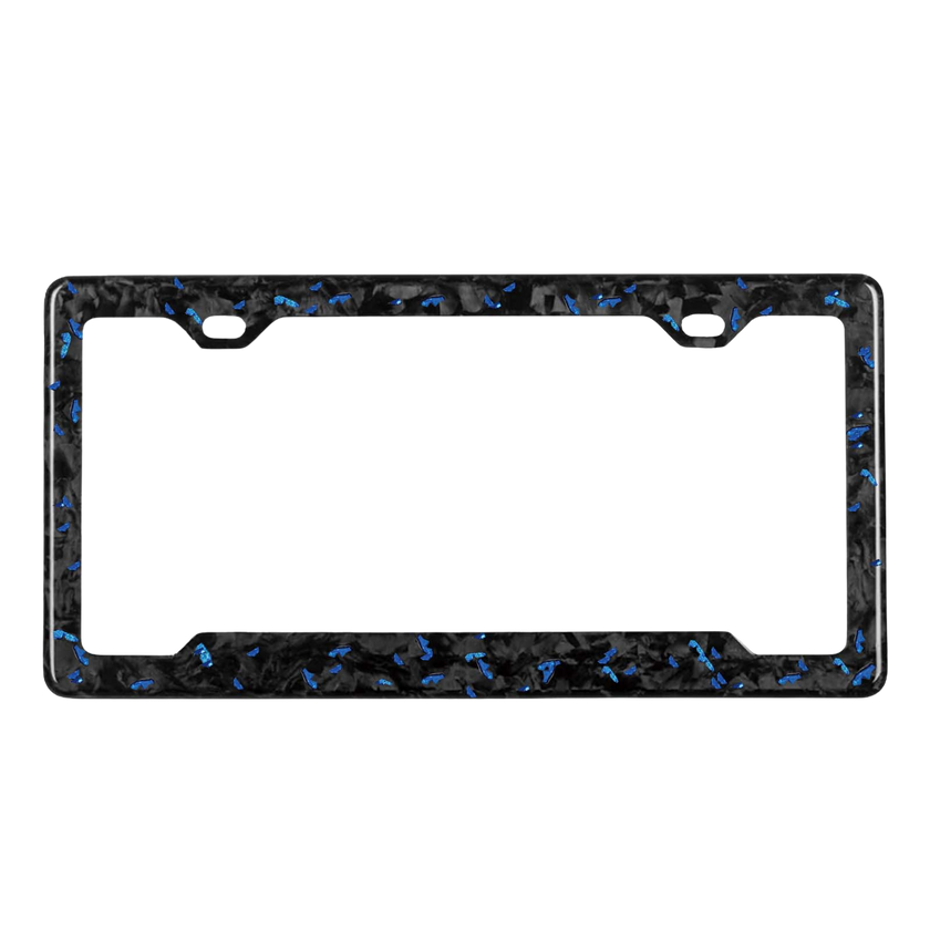 Pristine Carbon forged carbon license plate frame — blue fragment close-up, glossy finish