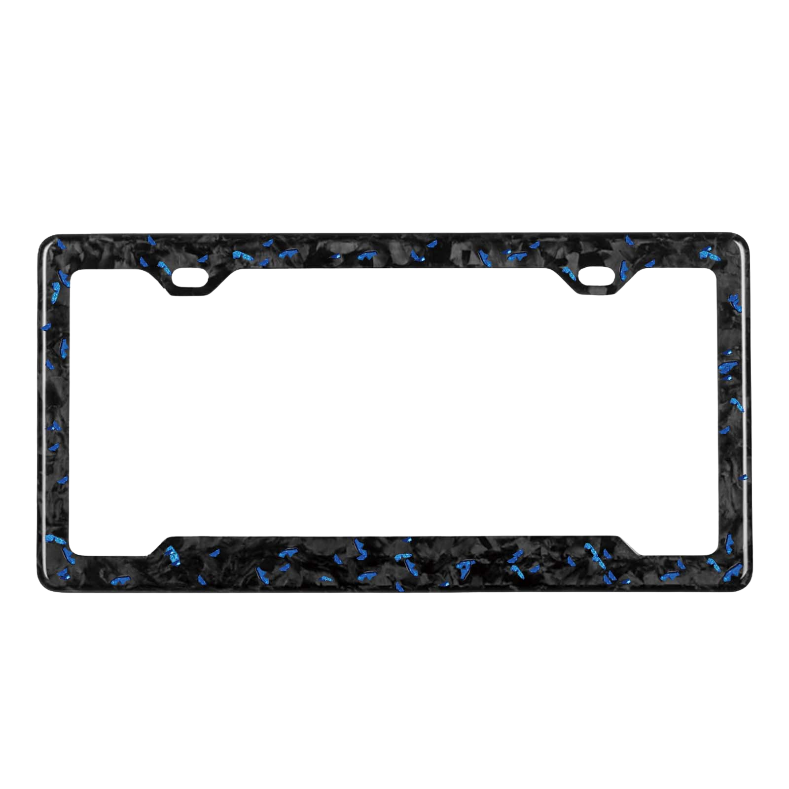 Pristine Carbon forged carbon license plate frame — blue fragment close-up, glossy finish