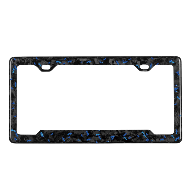 Pristine Carbon forged carbon license plate frame — blue fragment close-up, glossy finish