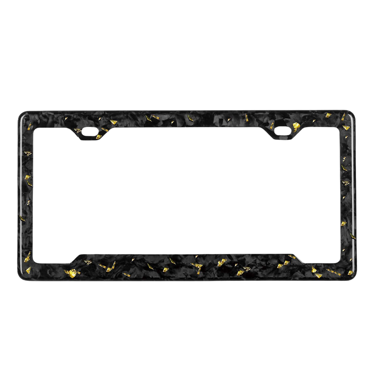 Pristine Carbon forged carbon license plate frame — gold fragment close-up, glossy finish