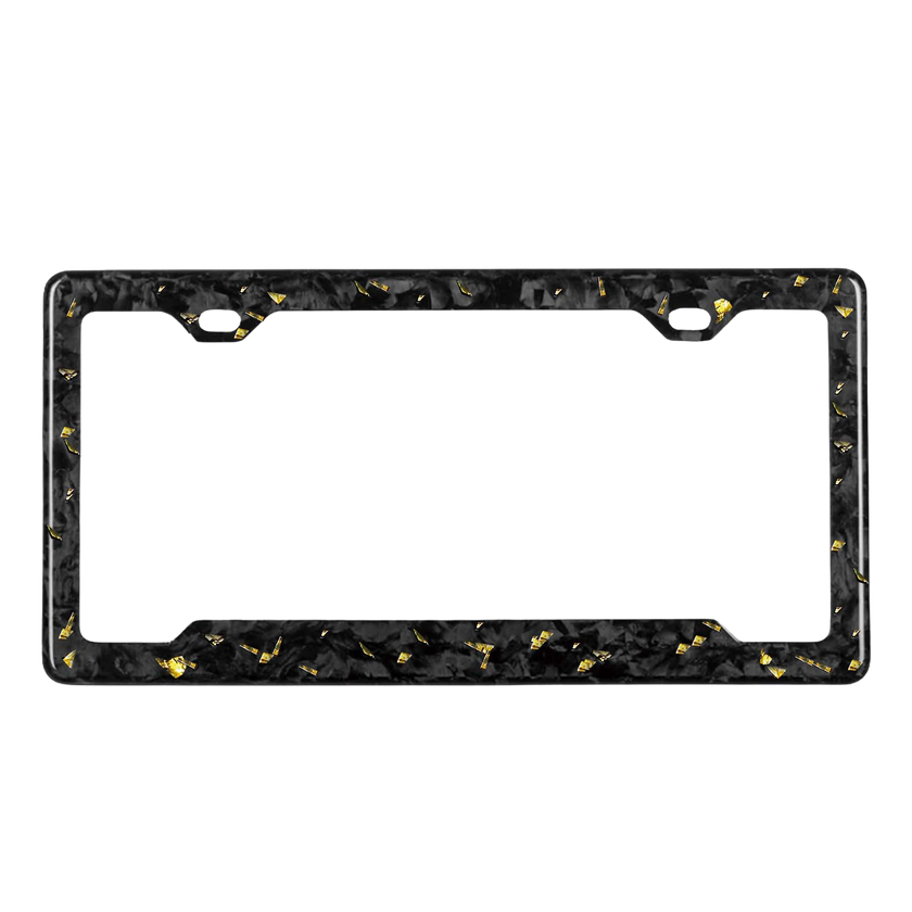 Pristine Carbon forged carbon license plate frame — gold fragment close-up, glossy finish