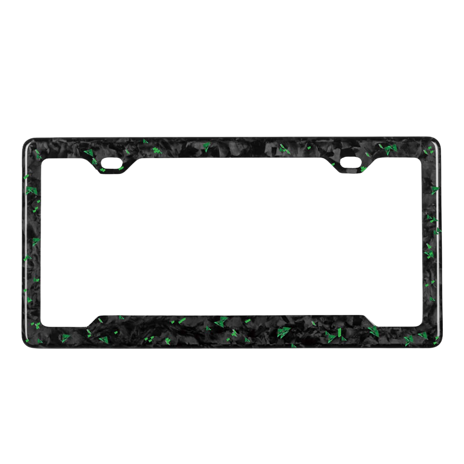 Pristine Carbon forged carbon license plate frame — green fragment close-up, glossy finish