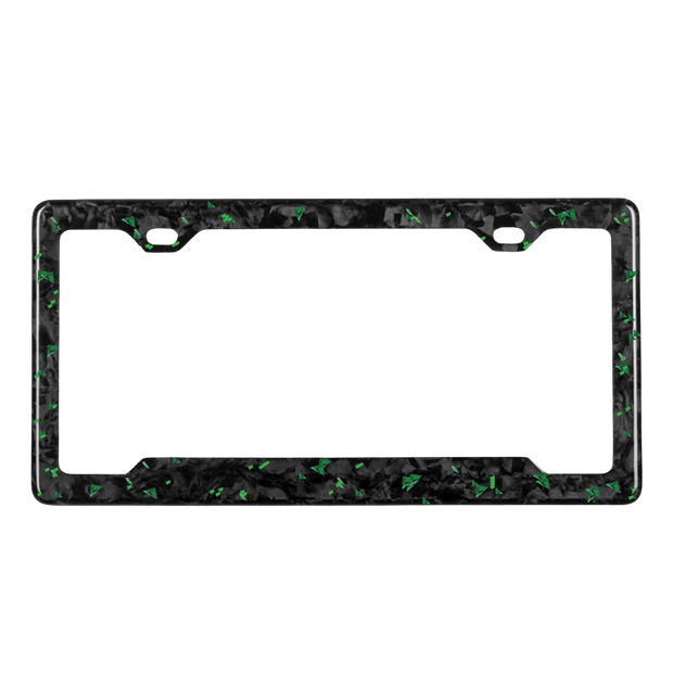 Pristine Carbon forged carbon license plate frame — green fragment close-up, glossy finish