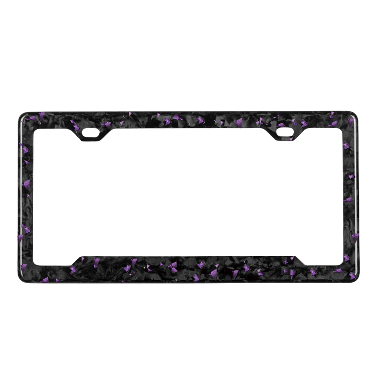 Pristine Carbon forged carbon license plate frame — purple fragment close-up, glossy finish