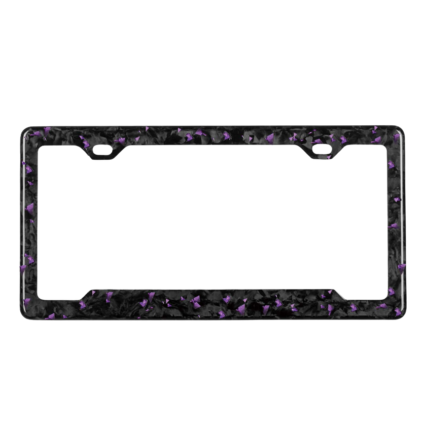 Pristine Carbon forged carbon license plate frame — purple fragment close-up, glossy finish