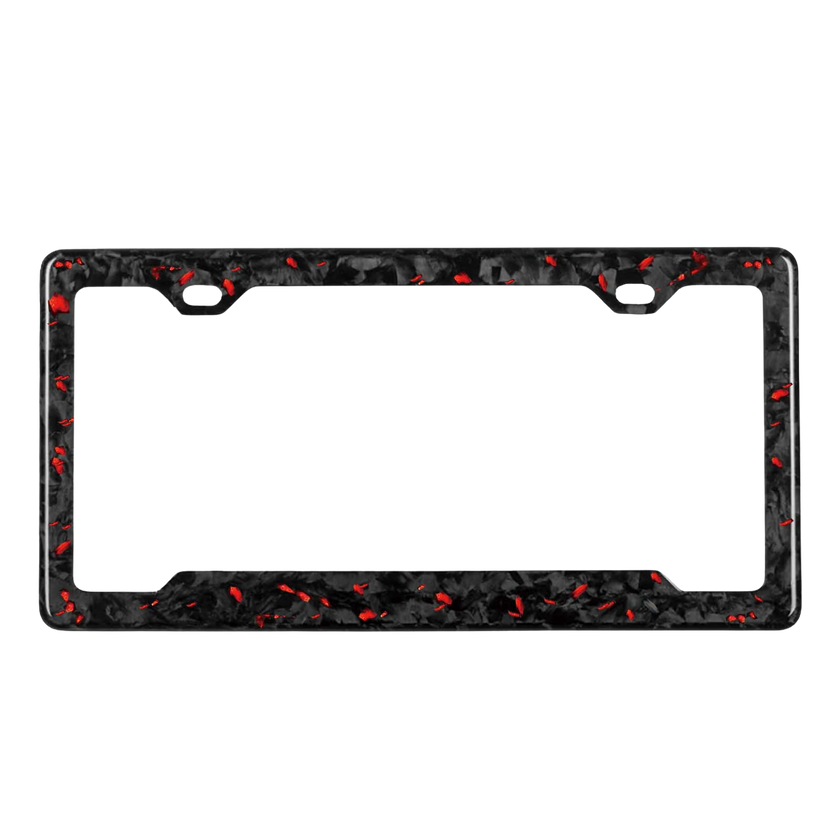 Pristine Carbon forged carbon license plate frame — red fragment close-up, glossy finish