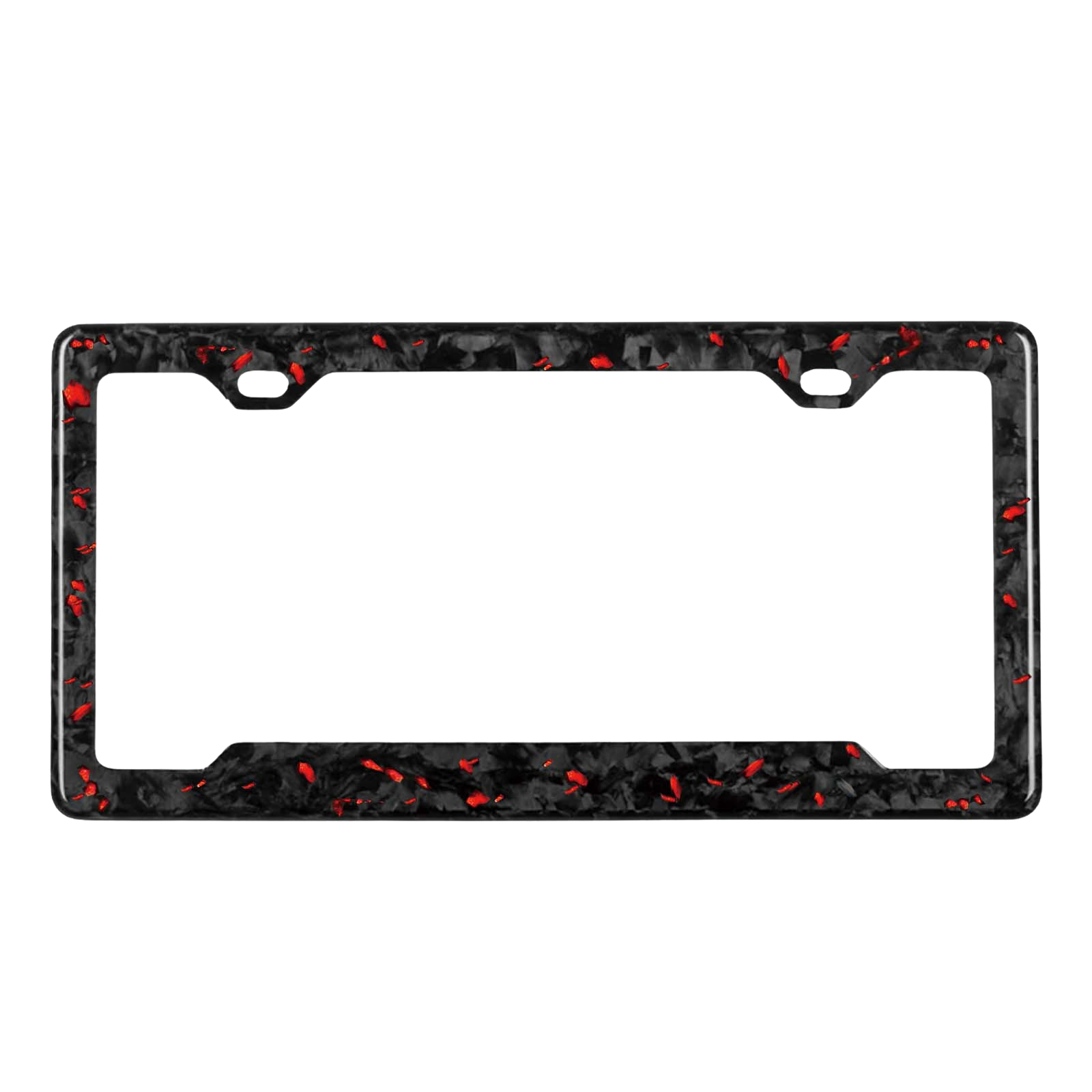 Pristine Carbon forged carbon license plate frame — red fragment close-up, glossy finish