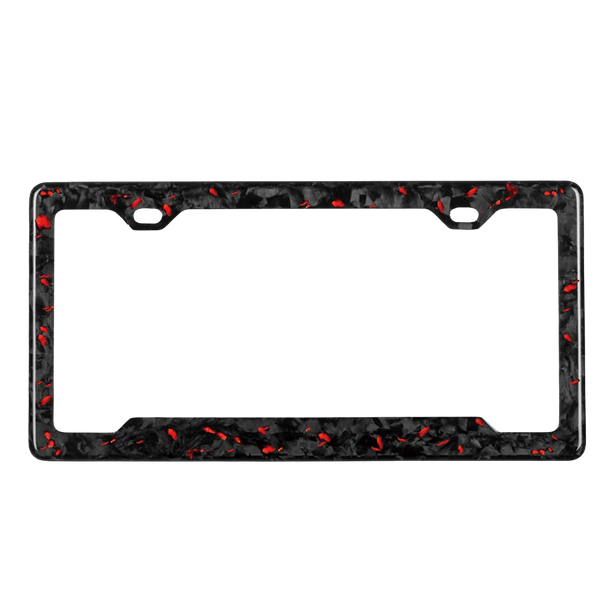 Pristine Carbon forged carbon license plate frame — red fragment close-up, glossy finish