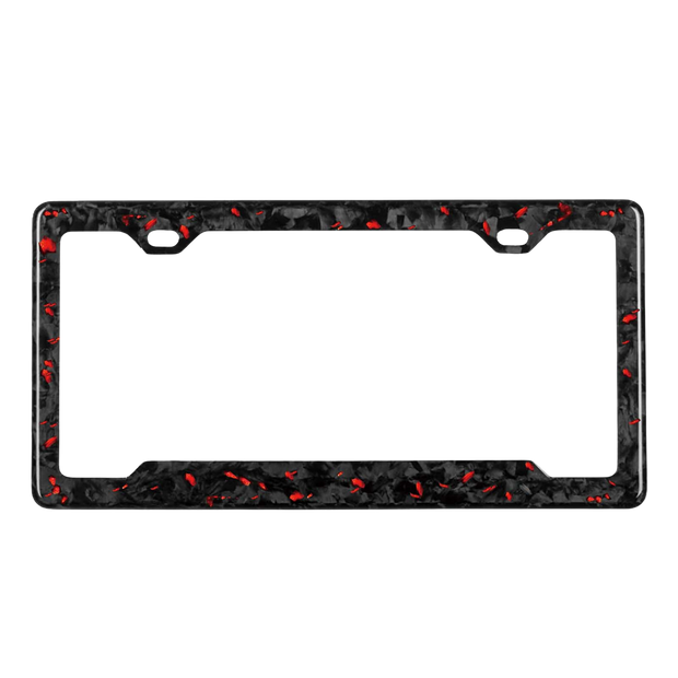 Pristine Carbon forged carbon license plate frame — red fragment close-up, glossy finish