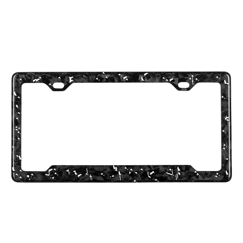 Pristine Carbon forged carbon license plate frame — silver fragment close-up, glossy finish