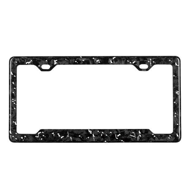 Pristine Carbon forged carbon license plate frame — silver fragment close-up, glossy finish